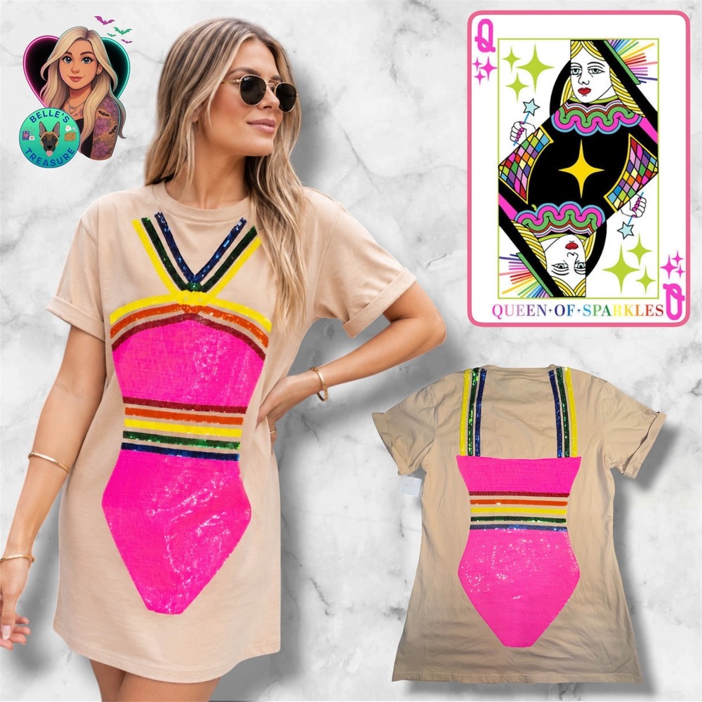 Queen of Sparkles Women's XS Swim Cover Sequin T-Shirt Dress Rainbow‎ oversized